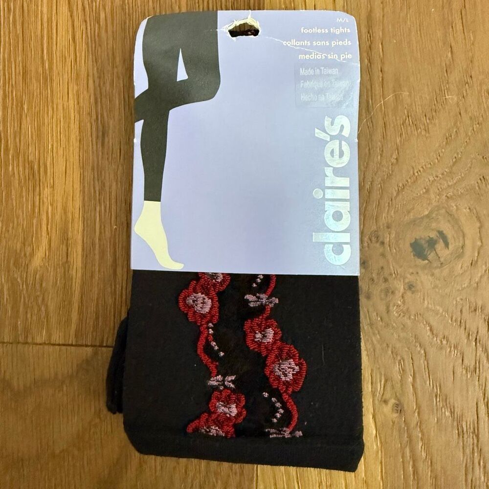 NIP Claire’s Y2K Black Footless Tights Embellished Red Floral Black Lace M L